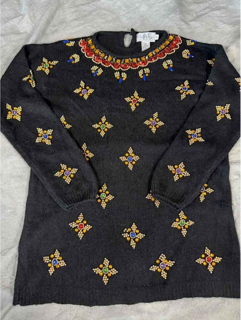 Stunning Vintage Chelsea Studio jeweled silk /angora/ wool sweater, M